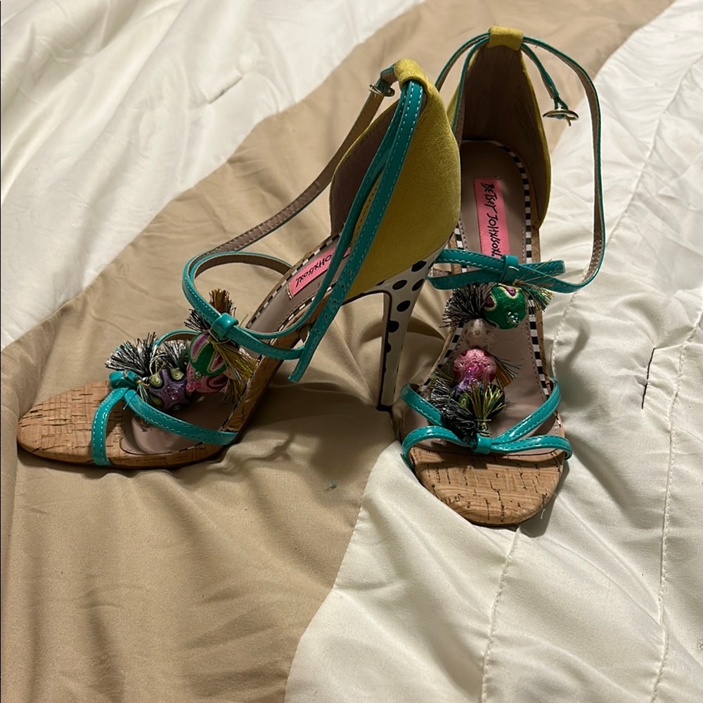 Betsey Johnson Yellow and Green Heels with Open Toe and High Slender Heel